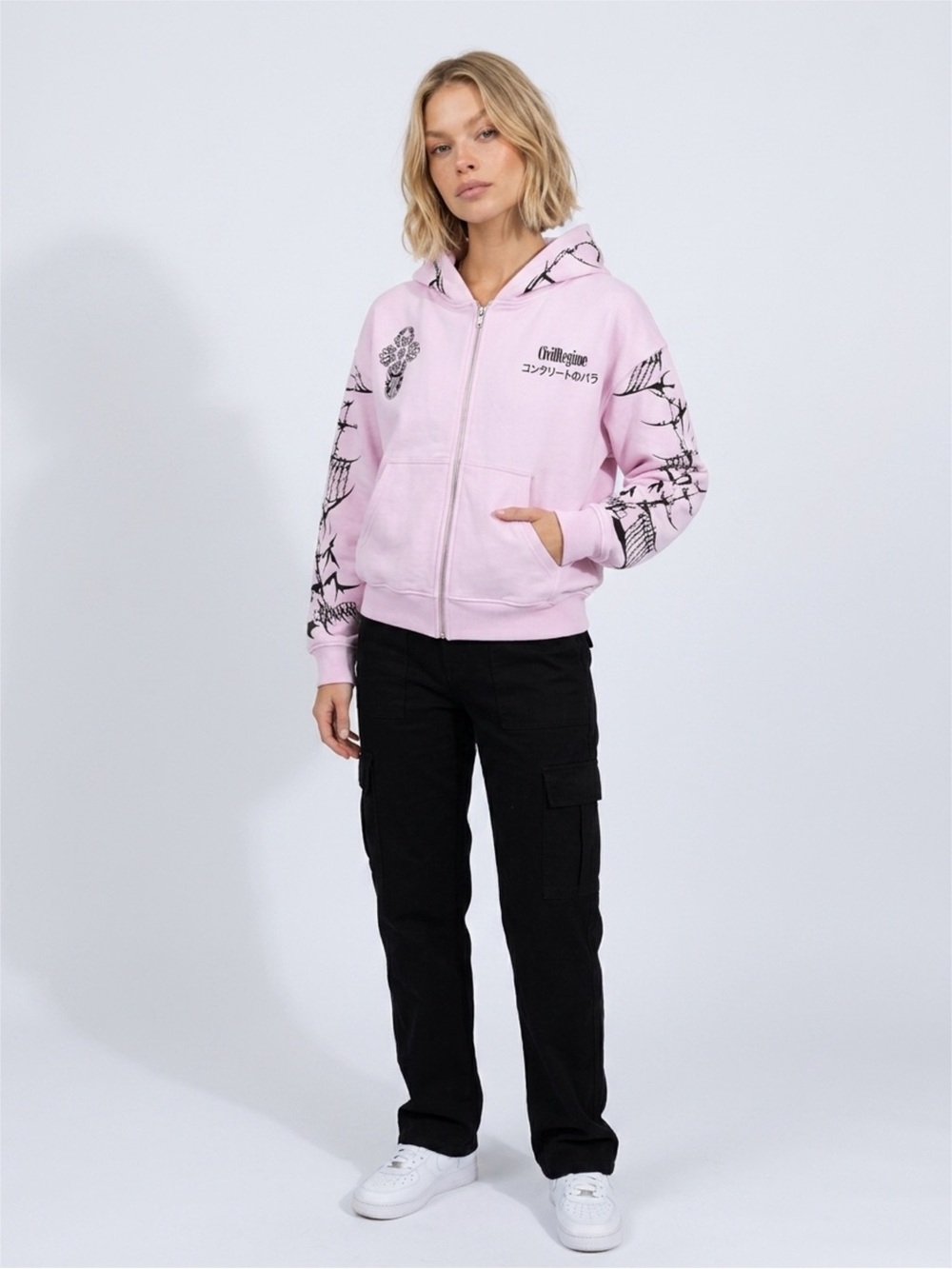 Civil Regime Light Pink Graphic Zip Hoodie with Black embroidery